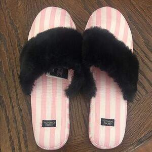 Victoria's Secret Pink Striped Slippers with Black Fur